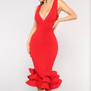 Red Fitted Ruffle Dress- FashionNova
